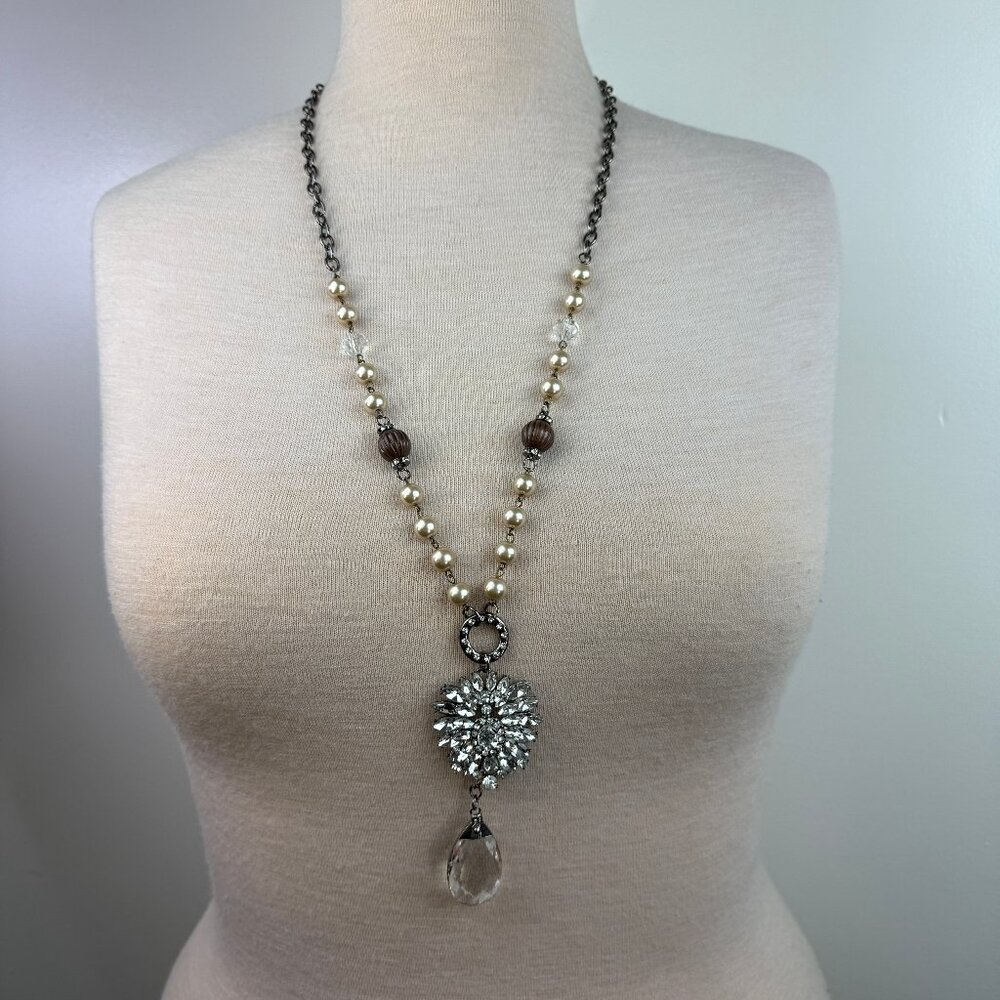 L&F N.S.E.W. Clear Rhinestone Dangle & Faux Pearl Beaded Chain Necklace 34"